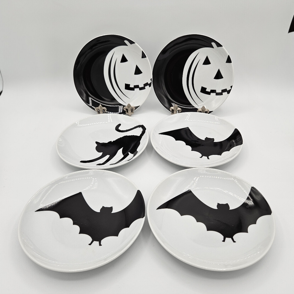 6 BIA Halloween Salad Desert or Snack Plate 6.25" jack-o-lantern bat & black cat